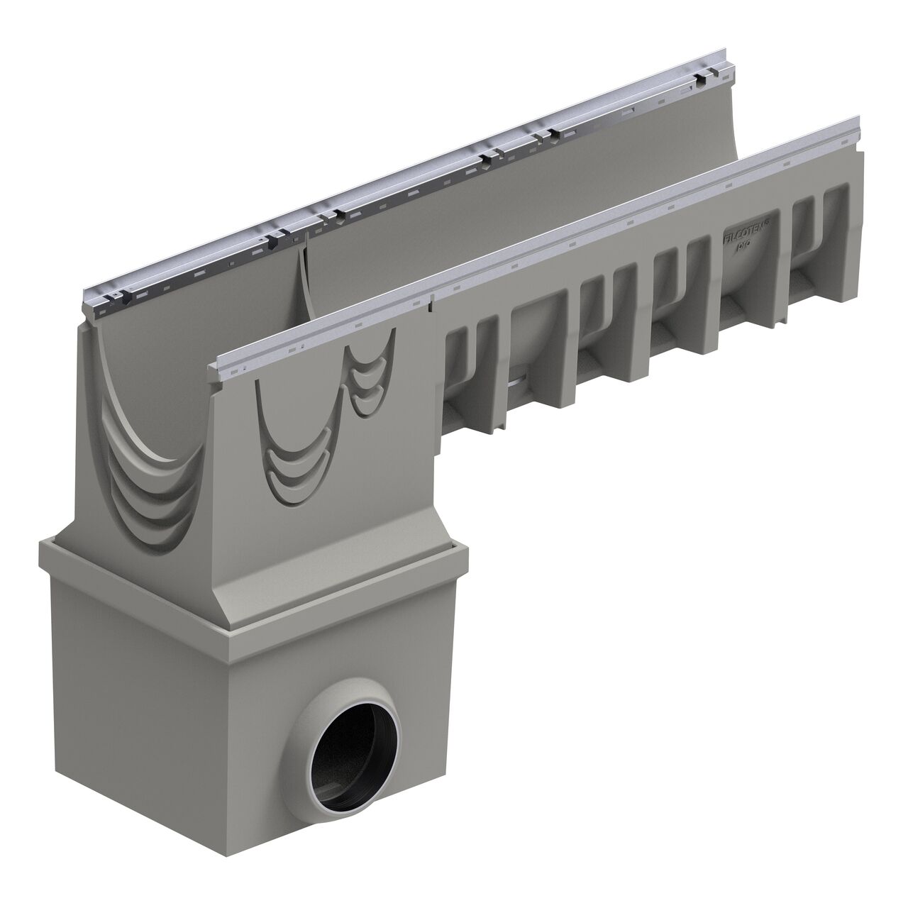 The BG-FILCOTEN® by NDS® 300 Trench Drain Inline Catch Basin Kit with 1-outlet and trash bucket connects alongside BG-FILCOTEN 300 channel
