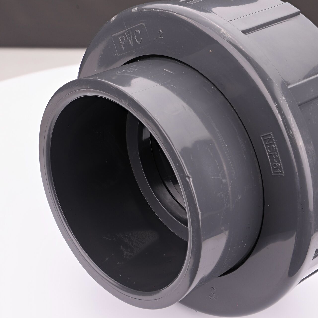 Closeup view of the other slip end on the NDS 3 in. PVC Union (NDS U-3000-S) used to connect pipes and provide a quick way to separate pipes when needed