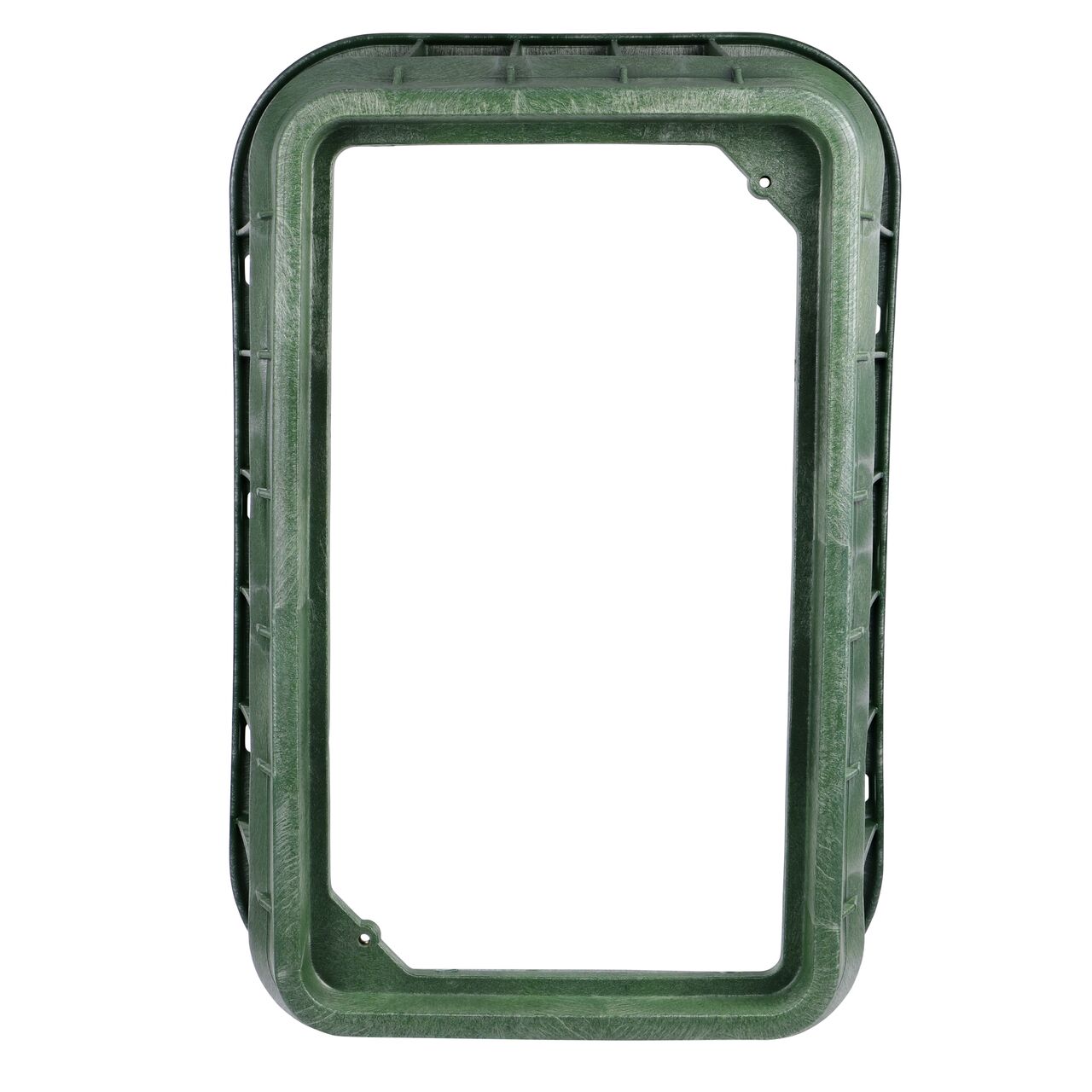 Top down view of the inside of the durable Green plastic 17 in. x 30 in. Rectangular Pro-Spec® Series Valve Box (NDS 326B) showing bolt hole, and how the valve cover is secured to the valve box