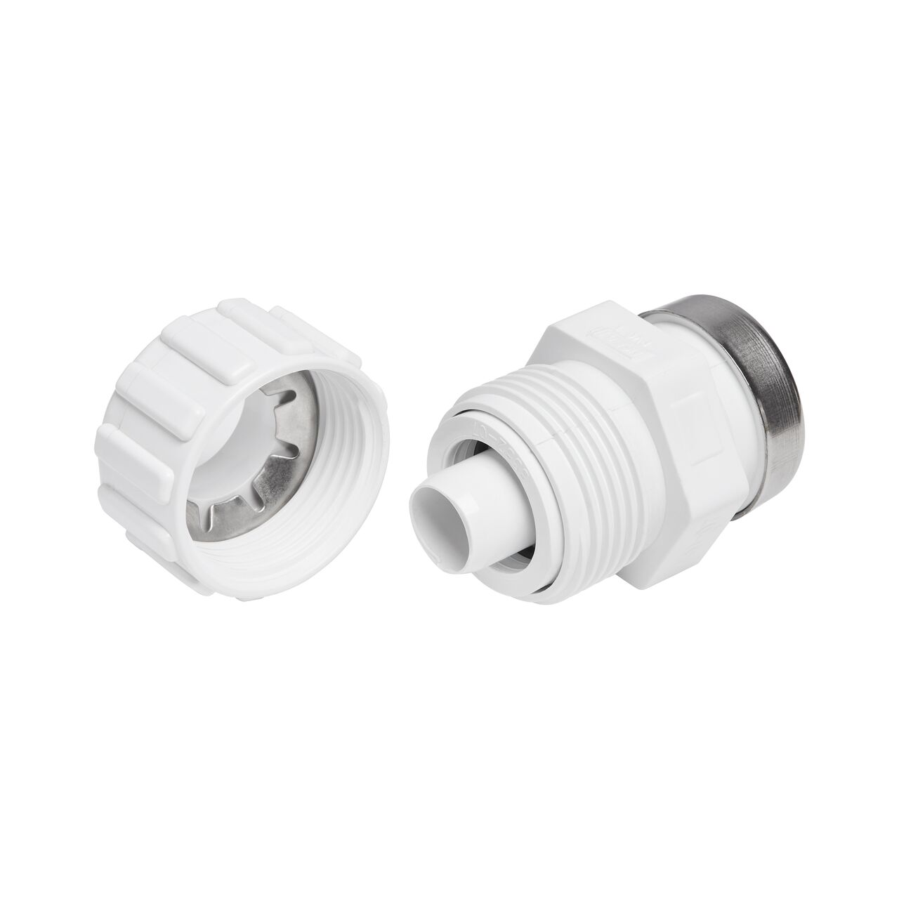 The NDS 3/4 in. SDR-9 CTS FPT Flo-Lock™ Gripper unassembled from Adapter showing the steel gripper that reduce chance of pull-out when properly installed (NDS 731-07)