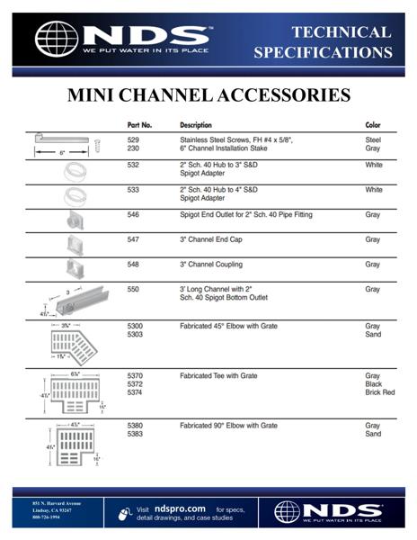 NDS Mini™ Channel Drain Accessories Tech Spec