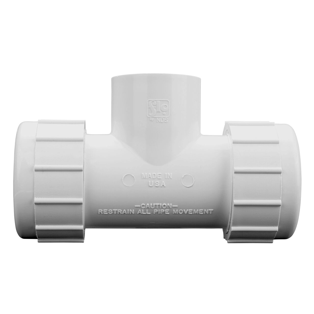 The NDS PVC Threaded Tees has adjustable nut on each compression end that connect onto 1-1/4 in. IPS pipe ends and one slip end that slides onto a 1-1/4 in. IPS pipe end to provide a corrosion-free connection (NDS CPT-1250-S)