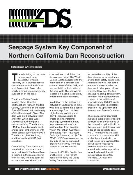 Seepage System Key Component of Northern California Dam Reconstruction: ADS N-12 Case Study