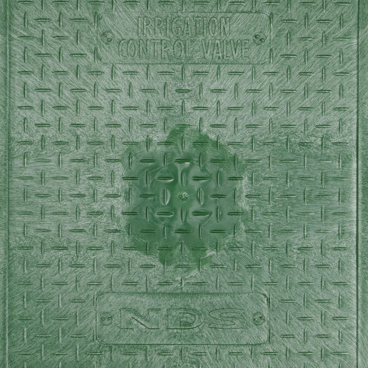Closeup view of the Irrigation Control Valve markings on the Green Irrigation Control Valve cover for the NDS 14 in. X 19 in. Rectangular Standard Series Valve Box (NDS 113BC)