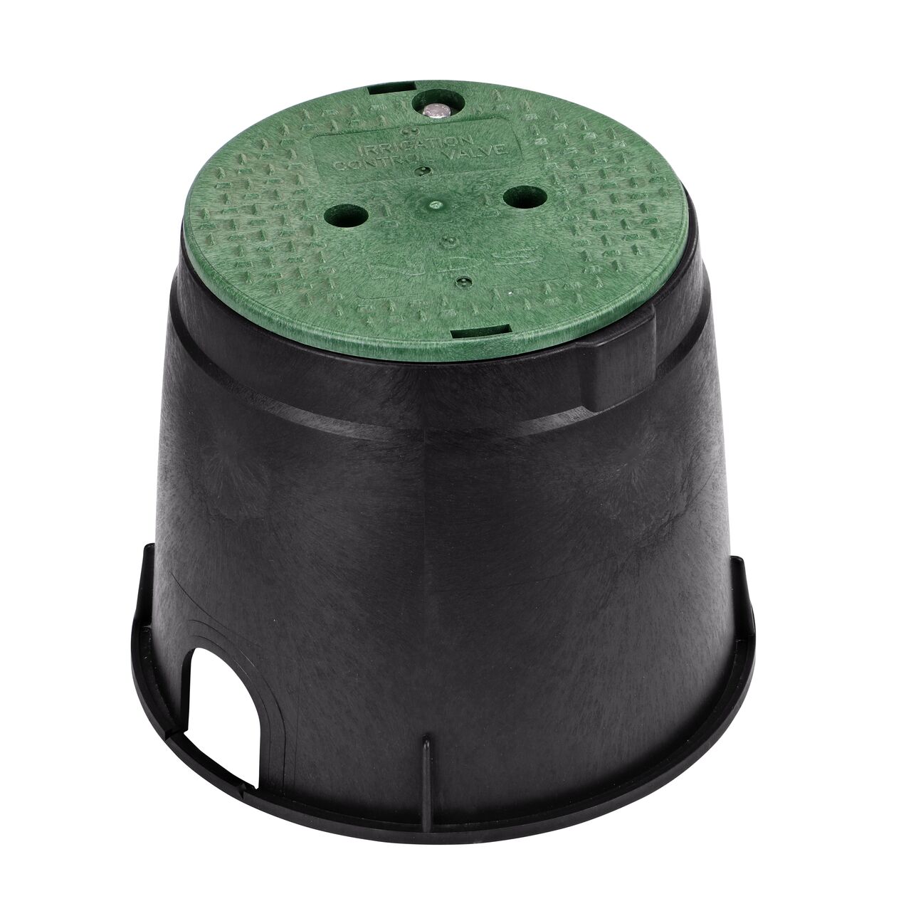 The NDS 10 in. round standard series valve box and cover with bolt is a 10 in. high black box and green cover with irrigation control valve markings on the lid (NDS 111BCB); protect underground irrigation and sprinkler system components and keep them out of sight