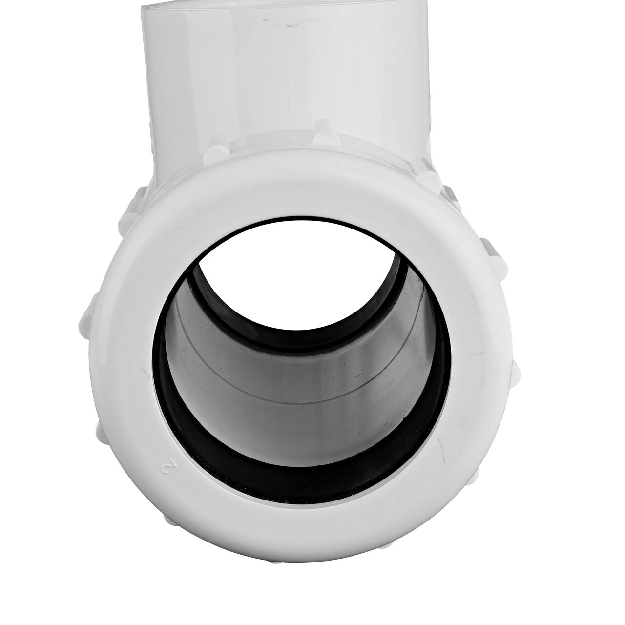 The NDS 2 in. IPS UC X FPT Compression Tee showing the gasket inside the adjustable nut that secures it in place once installed (NDS CPT-2000-T)