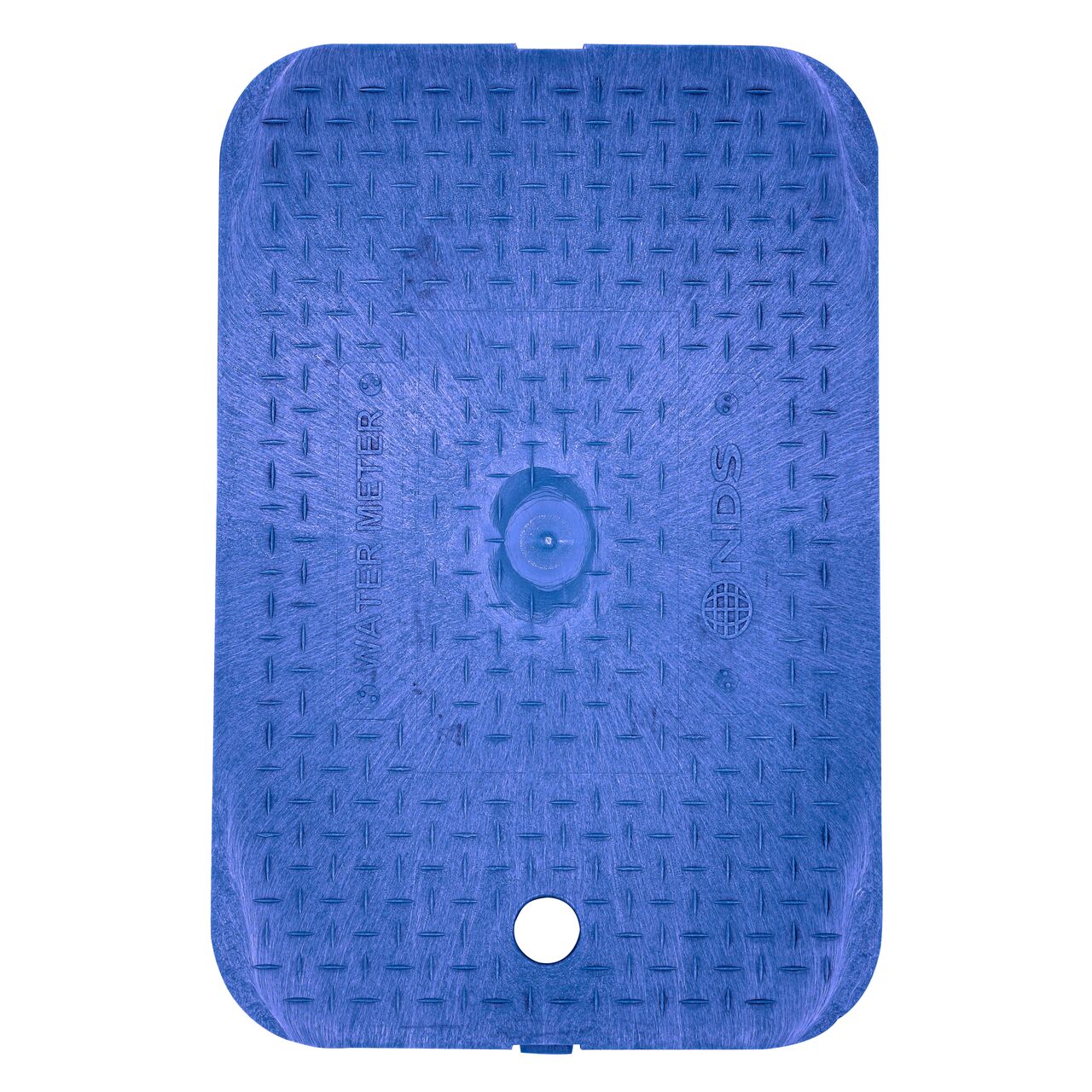 Top down view of the top side of the Blue Water Meter Drop-in cover (NDS D1200-DISBLUL) for the NDS 14 in. X 19 in. Rectangular Standard Series Meter Boxes