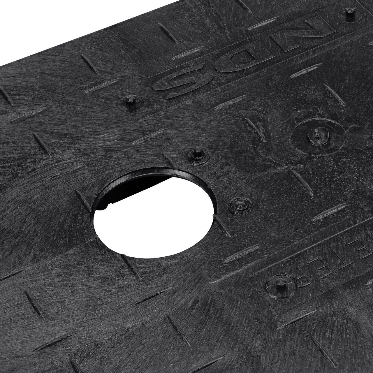 Close up view of the finger hole on the Water Meter Black Drop-in AMR 14 in. X 19 in. Rectangular Standard Series Meter Cover which allows for easy lifting of lid off the meter box (NDS D1200-DITRL)