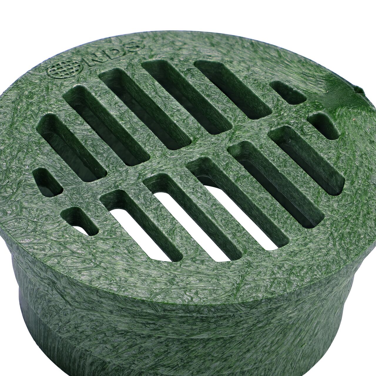 Closeup of the grate design on the NDS 3 in. Round Grate made of green plastic (NDS 16*, NDS 16)