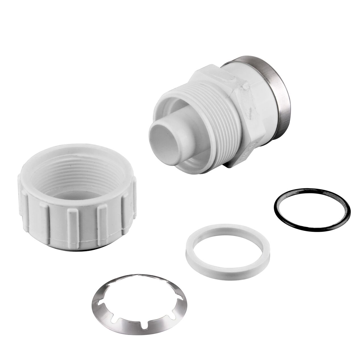 The NDS 1-1/2 in. SDR-9 CTS X 1-1/2 in. FPT Flo-Lock™ Gripper Adapter fully unassembled showing the steel gripper, EPDM O-Ring, and stiffner (NDS 731-15)