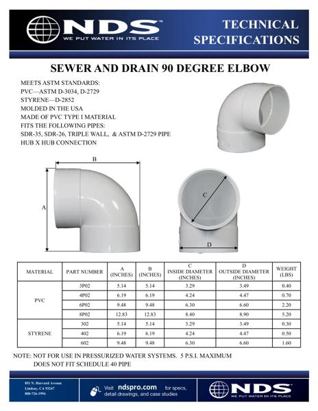 NDS S&D 90° Elbow Hub X Hub Tech Spec
