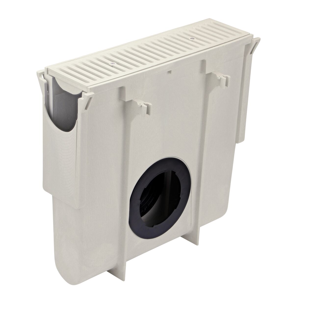 NDS Dura Slope InLine Catch Basin (NDS DS-340) with the Dura Slope Standard Light Gray Grate installed (NDS DS-661LG)