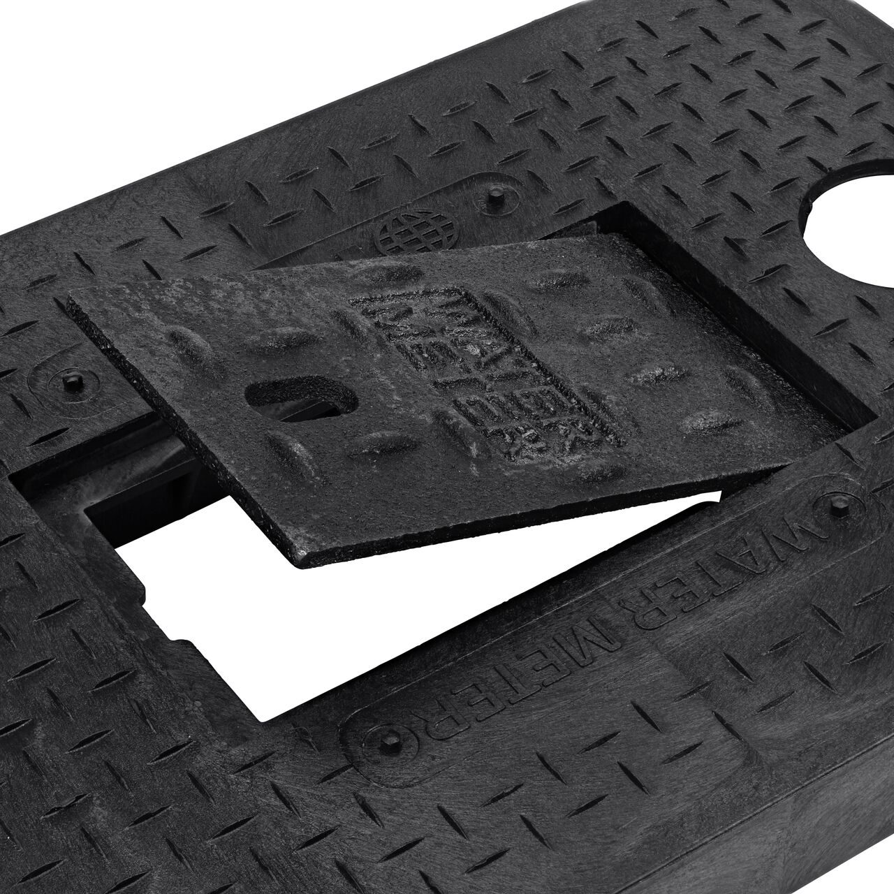 Closeup view of the cast iron reader door opened with the finger hole on the Black Water Meter Drop-In cover (NDS D1200-DICIRTRL) for the NDS 14 in. X 19 in. Rectangular Standard Series Meter Box
