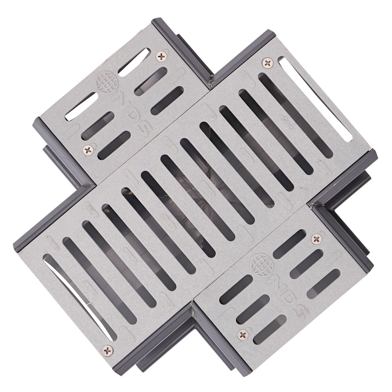 Top down view of grate shape and design on the Spee-D® Channel Drain and Grate with Cross, Gray Plastic (NDS 2361)