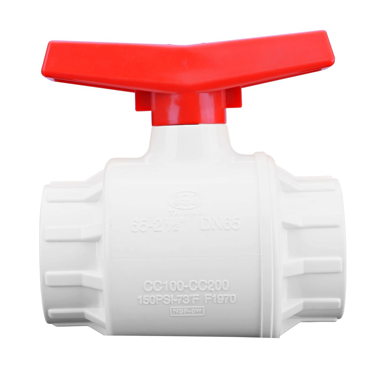 Closeup of the NDS IPS Ball Valve showing that the handle is made of durable PVC material perfect for irrigation or other pressurized system (NDS E1410-25)