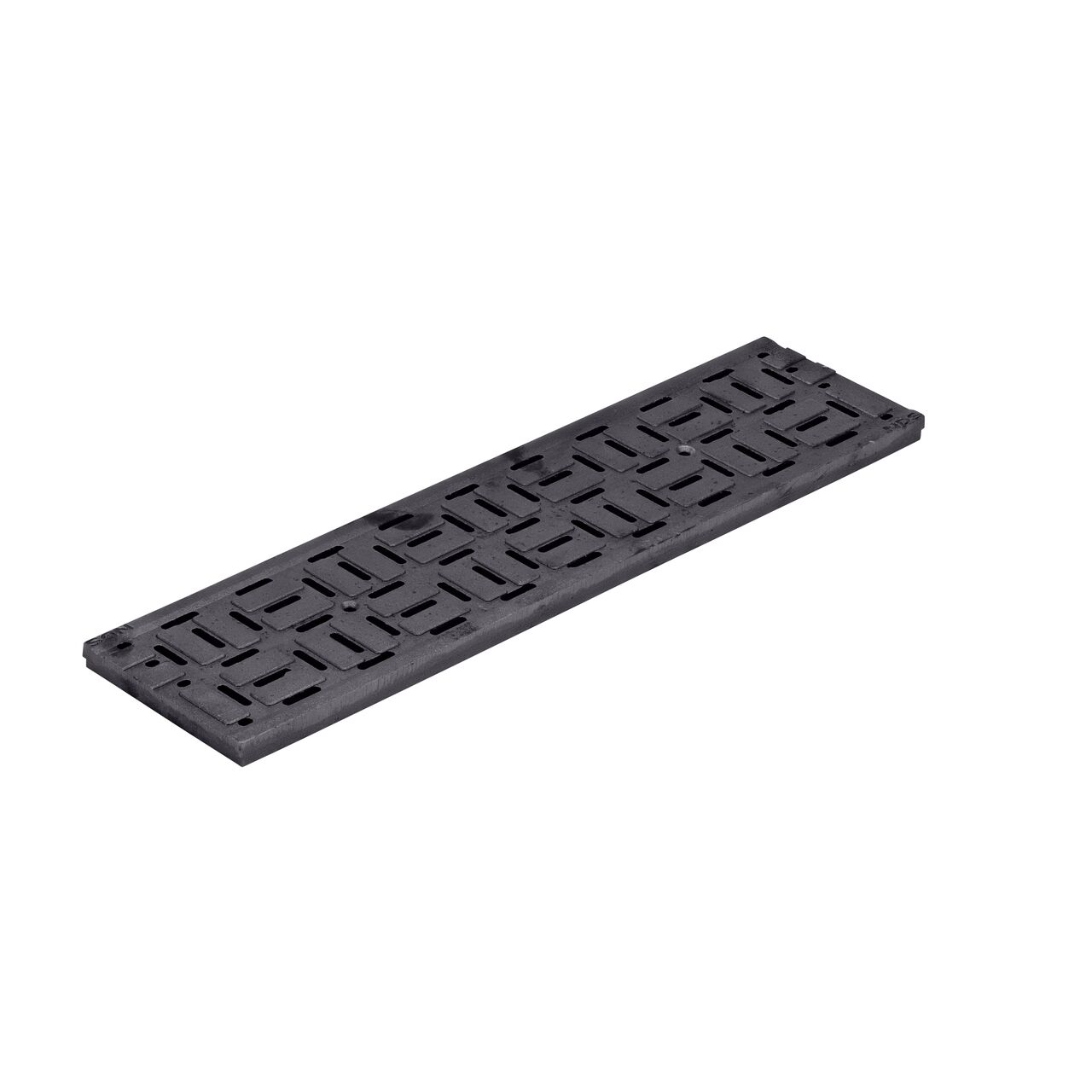 The ductile iron Dura Slope™ Channel Drain Grate (NDS DS-604) is 6 in. wide and 2 ft. long and comes in a decorative brick pattern design