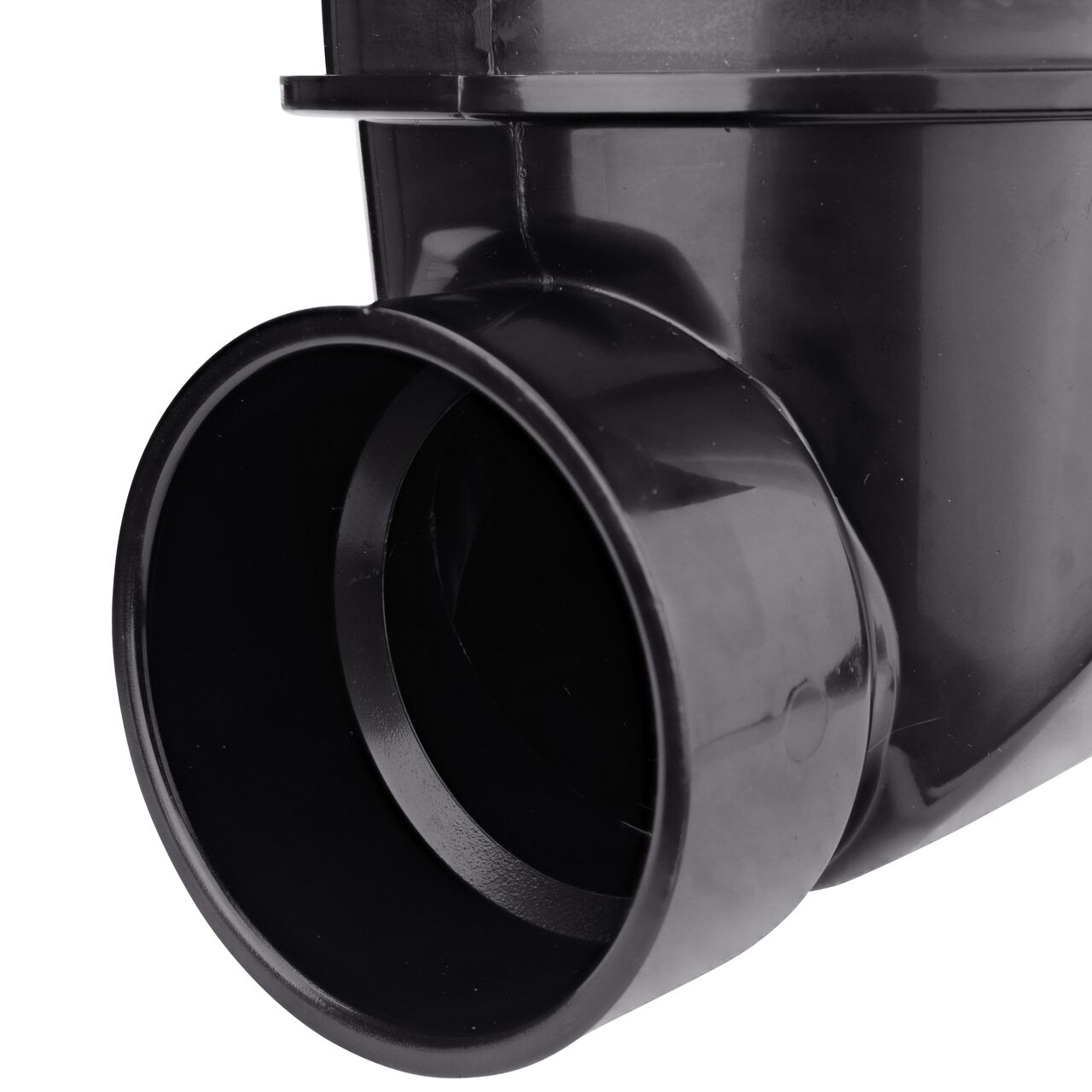 Closeup of the lower outlet end of the NDS Black 3 in. Backwater Valve (NDS 375)