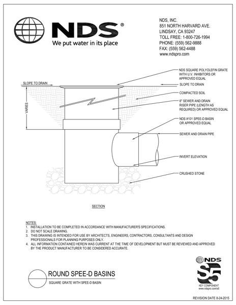NDS Square Drainage Grates with 6 in. Round Spee-D® Catch Basins Installation Detail