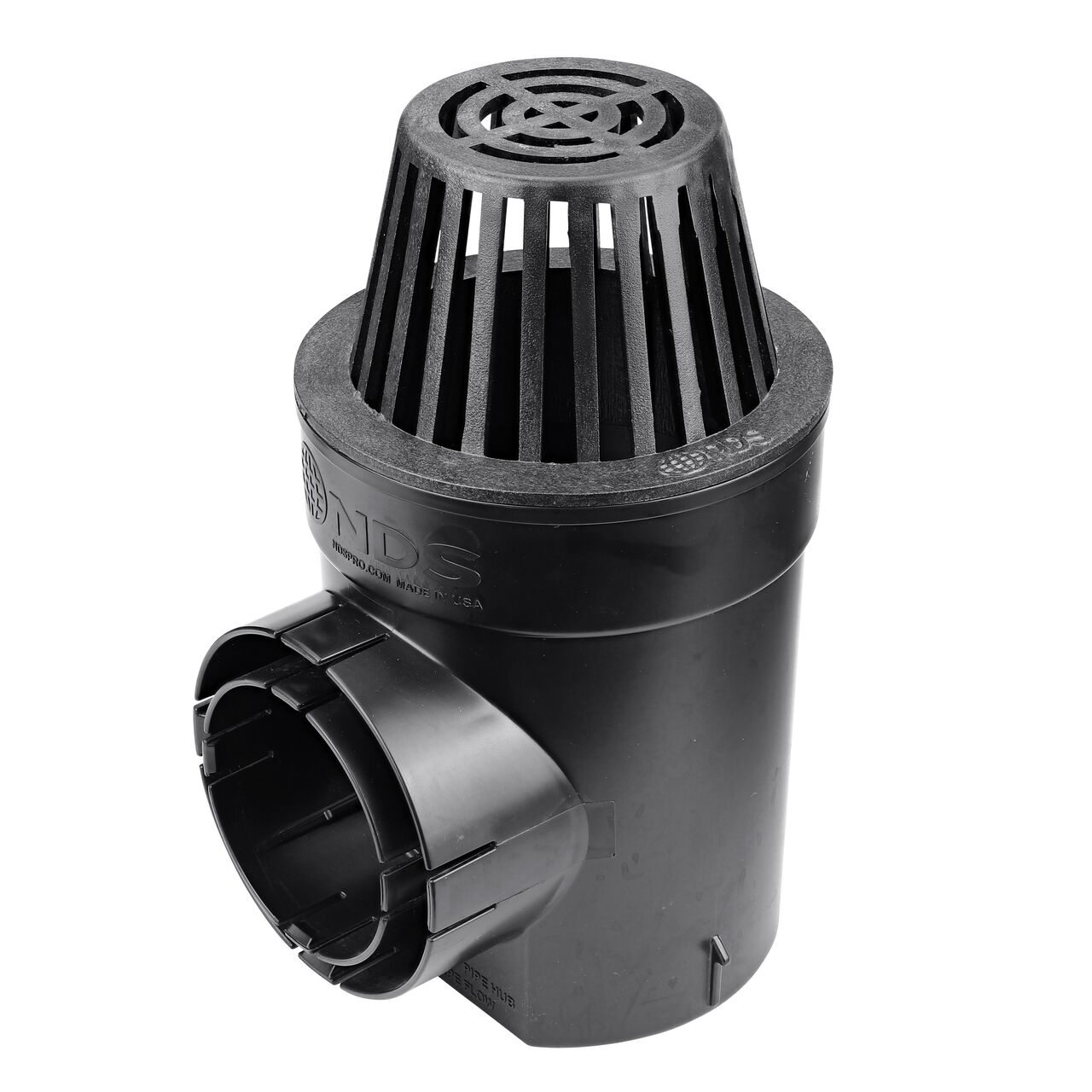 NDS Black Plastic 6 in. Atrum Grate (NDS 90) installed to a single outlet Spee-D Basin (NDS 101WHS)
