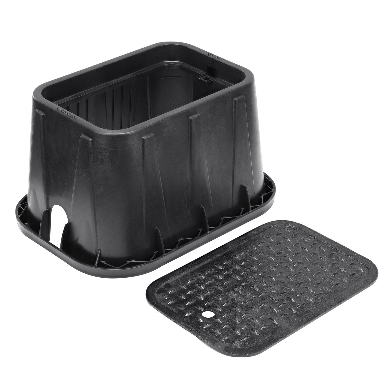 Unassembled View of the NDS 14 in. X 19 in. Black Rectangular Standard Series meter box with universal locking mechanism enabling a variety of bolts and screws to be used to secure the covers and Black Cast Iron Water Meter Overlapping cover (NDS D1200-CI)