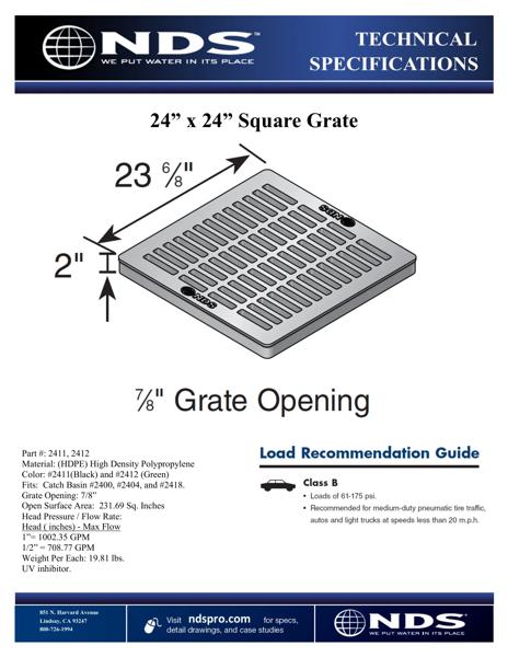 NDS 24 in. Square Catch Basin Drain Grate Plastic Tech Spec