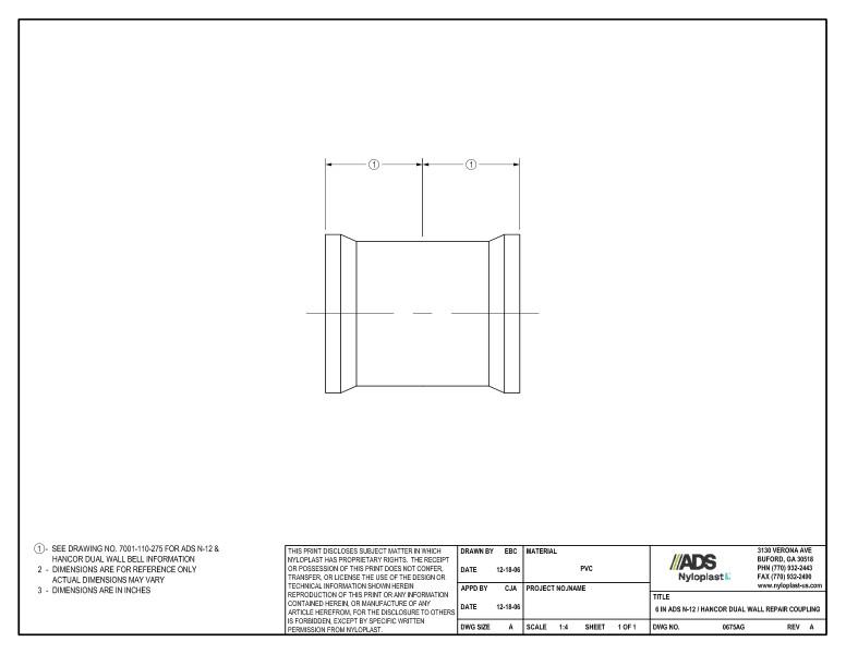 6" N-12 Dual Wall Repair Coupling Nyloplast Detail