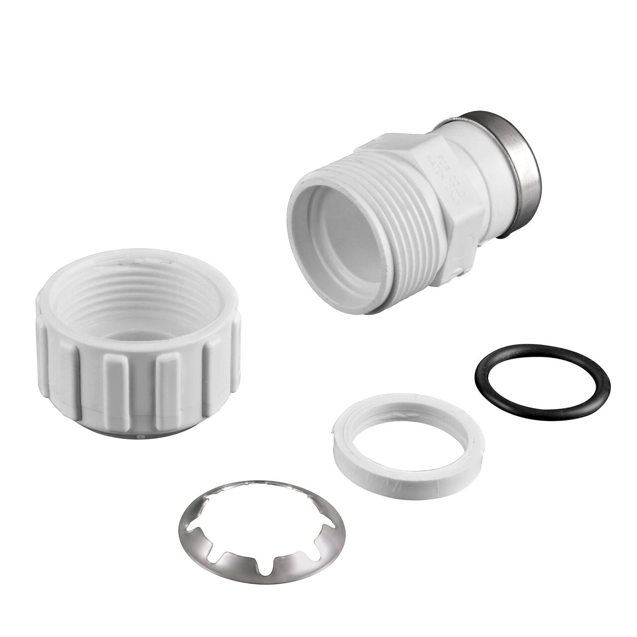 The NDS 3/4 in. FPT Flo-Lock™ Gripper FPT Adapter fully unassembled showing the steel gripper and EPDM O-Ring (NDS 136-07)