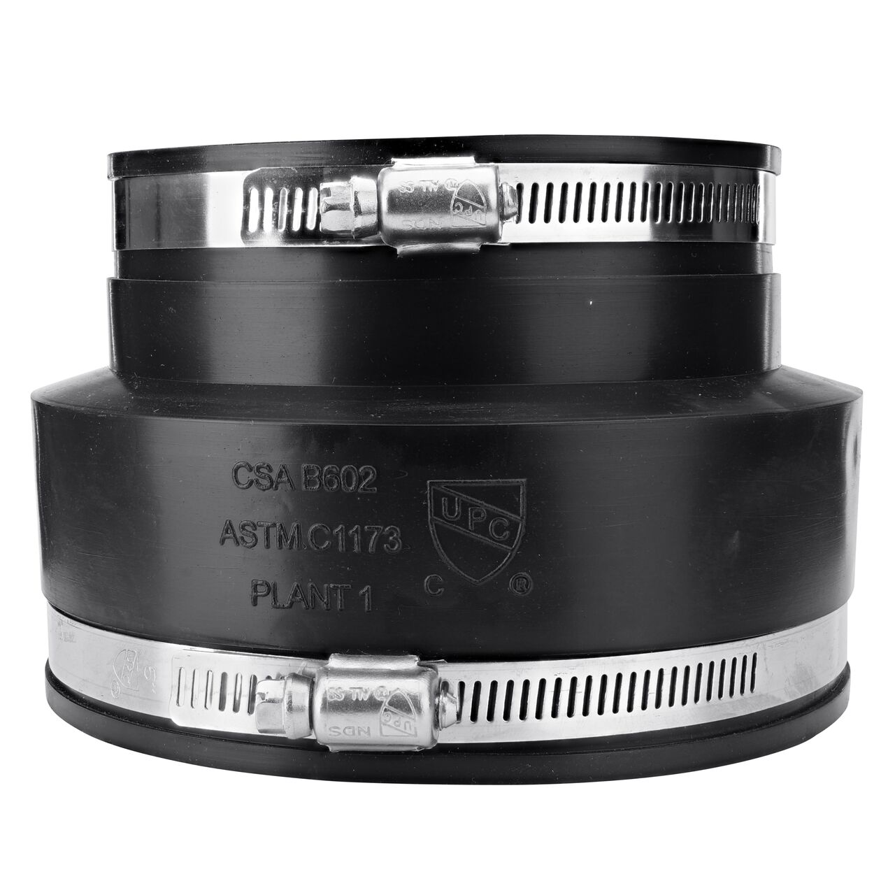 The NDS 4 in. flex coupling, in vertical position, connects concrete pipe to cast iron/plastic pipe and provides leak-resistant seals with virtually any pipe (NDS 06-44)