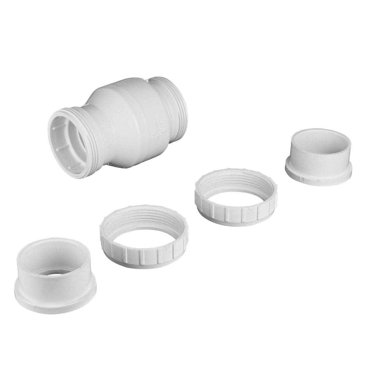 Unassembled view of the NDS White 3 in. IPS PVC True Union Swing Check Valves where ends unscrew to remove for maintenance (NDS  1720-30)