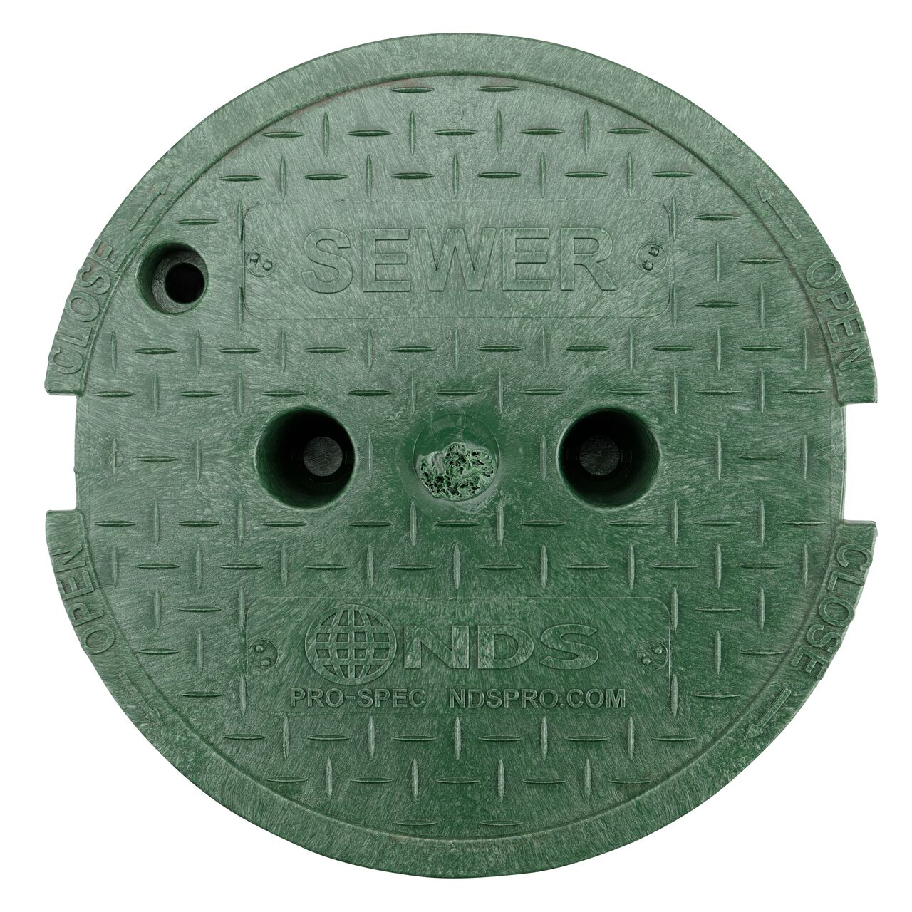 Top down view of the top side of the Green Sewer cover for the NDS 10 in. Round Pro-Spec® Series (NDS 312BCBS) shows markings, two finger slots to twist and remove lid