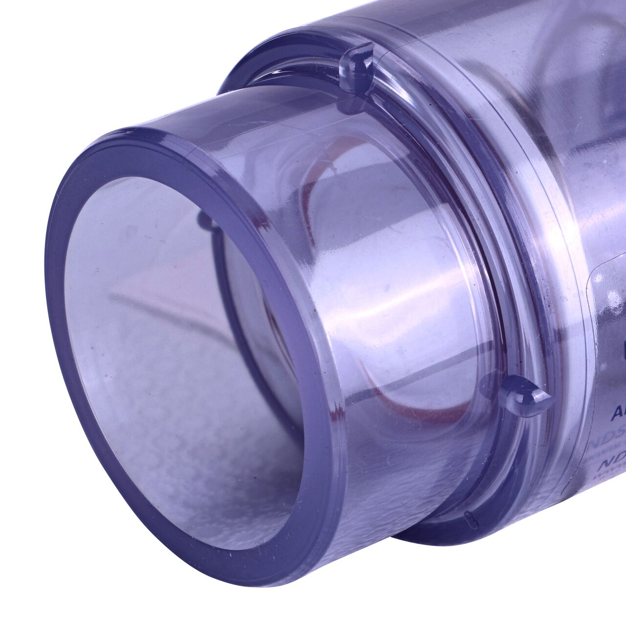 Closeup of the slip end of the NDS Clear 1-1/2 in. slip end by 2 in. spigot end PVC Air Check Valve (NDS 1053C20)