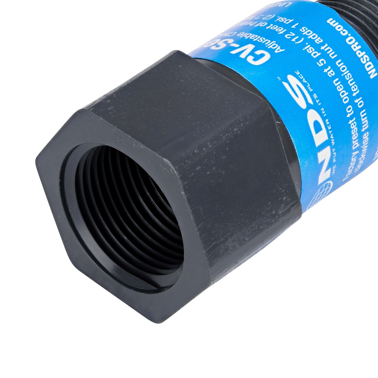 Closeup of the FPT end of the NDS Gray 3/4 in. IPS MPT X FPT PVC Adjustable Inline Spring Check Valve (NDS CV-0750-MF)