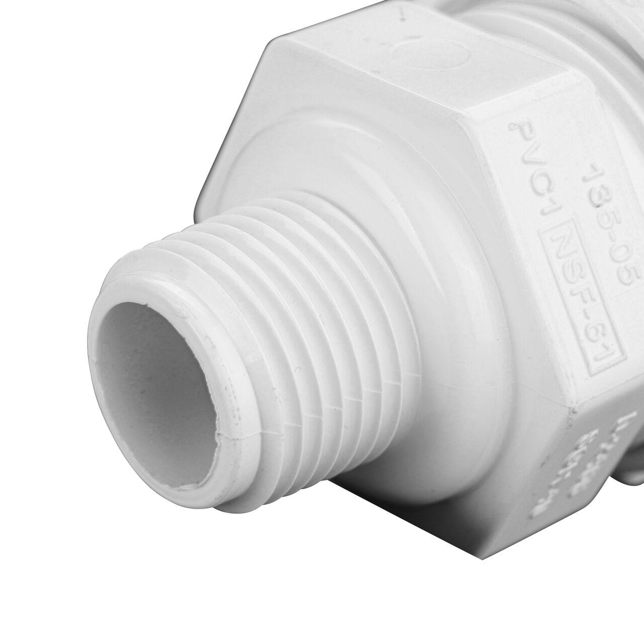 Closeup of the Threaded IPS MPT connection end on the NDS 1/2 in. Flo Lock PVC Gripper Adapter (NDS 135-05)