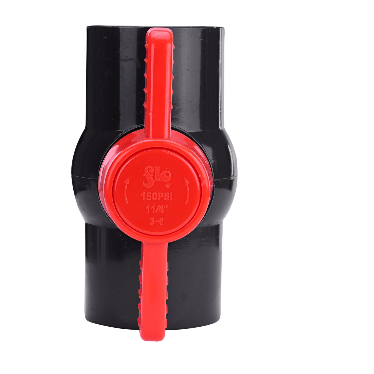Closeup of the NDS IPS Ball Valve showing that the handle is made of durable PVC material perfect for irrigation or other pressurized system (NDS E1620-12)