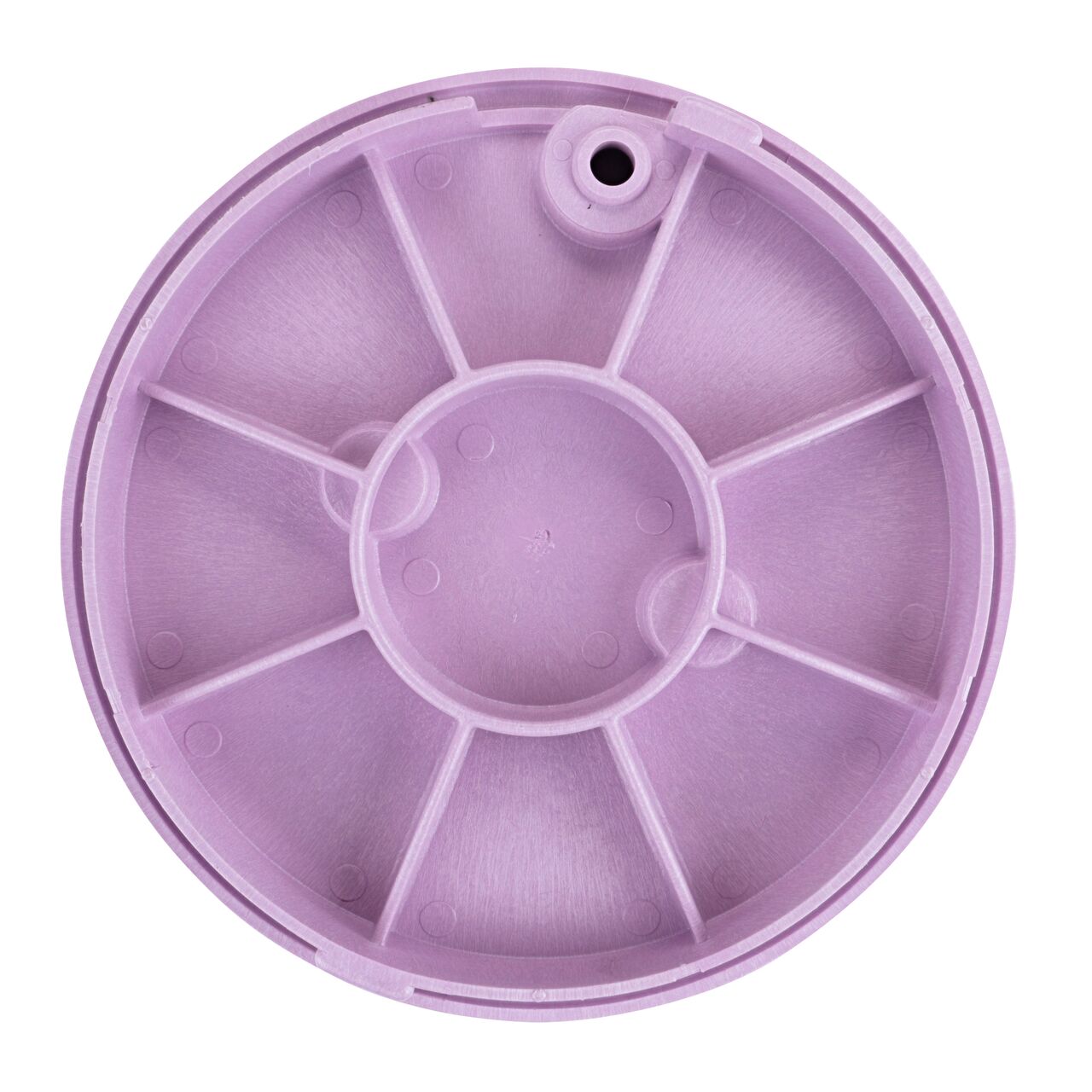 Top down view of the underside of the purple reclaimed water cover for the NDS 10 in. Round Standard Series (NDS 111CR) valve box showing reinforcing ribs that help support pedestrian and lawn care equipment