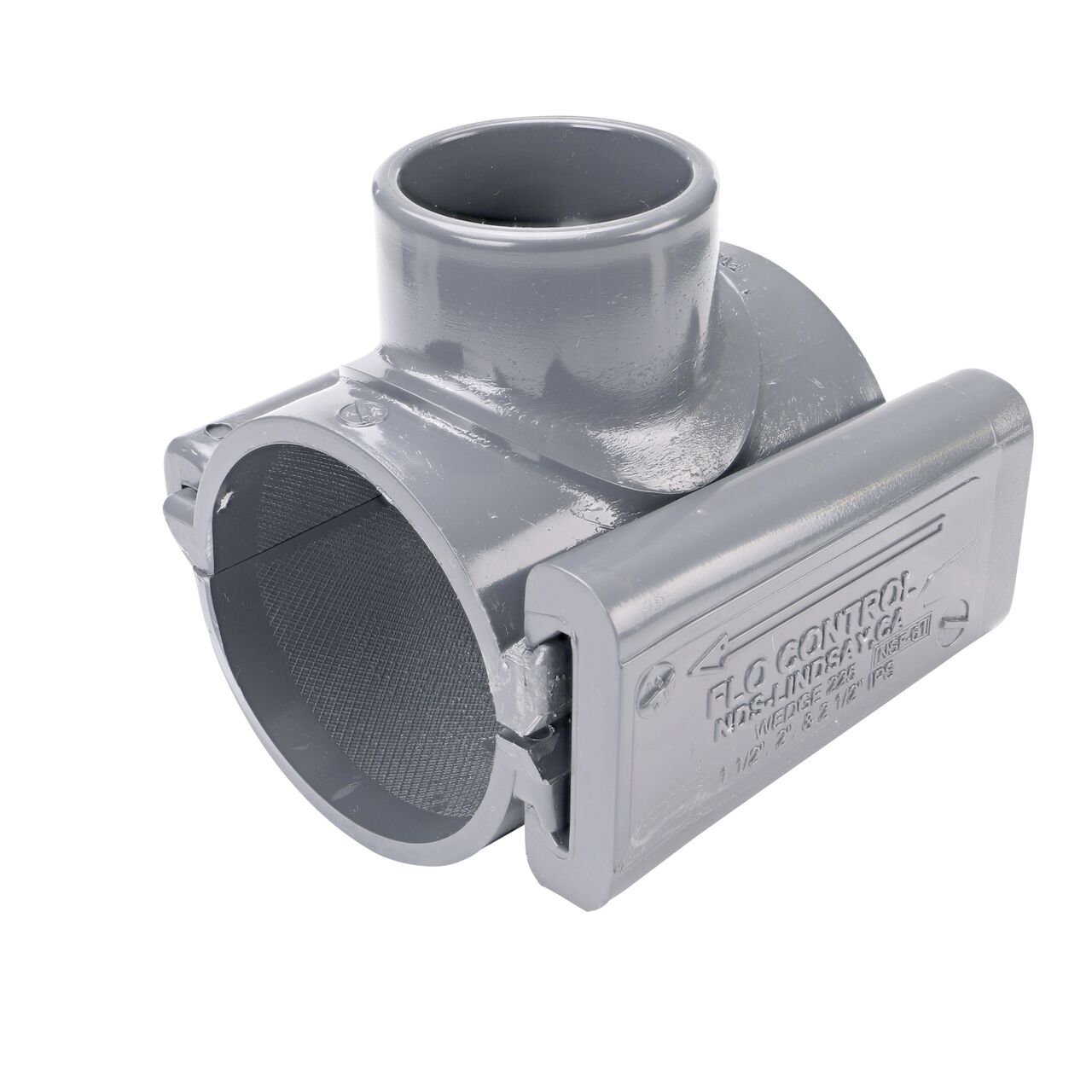 The NDS Clamp-It™ Rigid PVC Saddle with 1-1/2 in. slip connection on top (NDS 432515) for 2-1/2 in. PVC pipe has a patented wedge design to install a sprinkler irrigation system to existing pipe without any bolts
