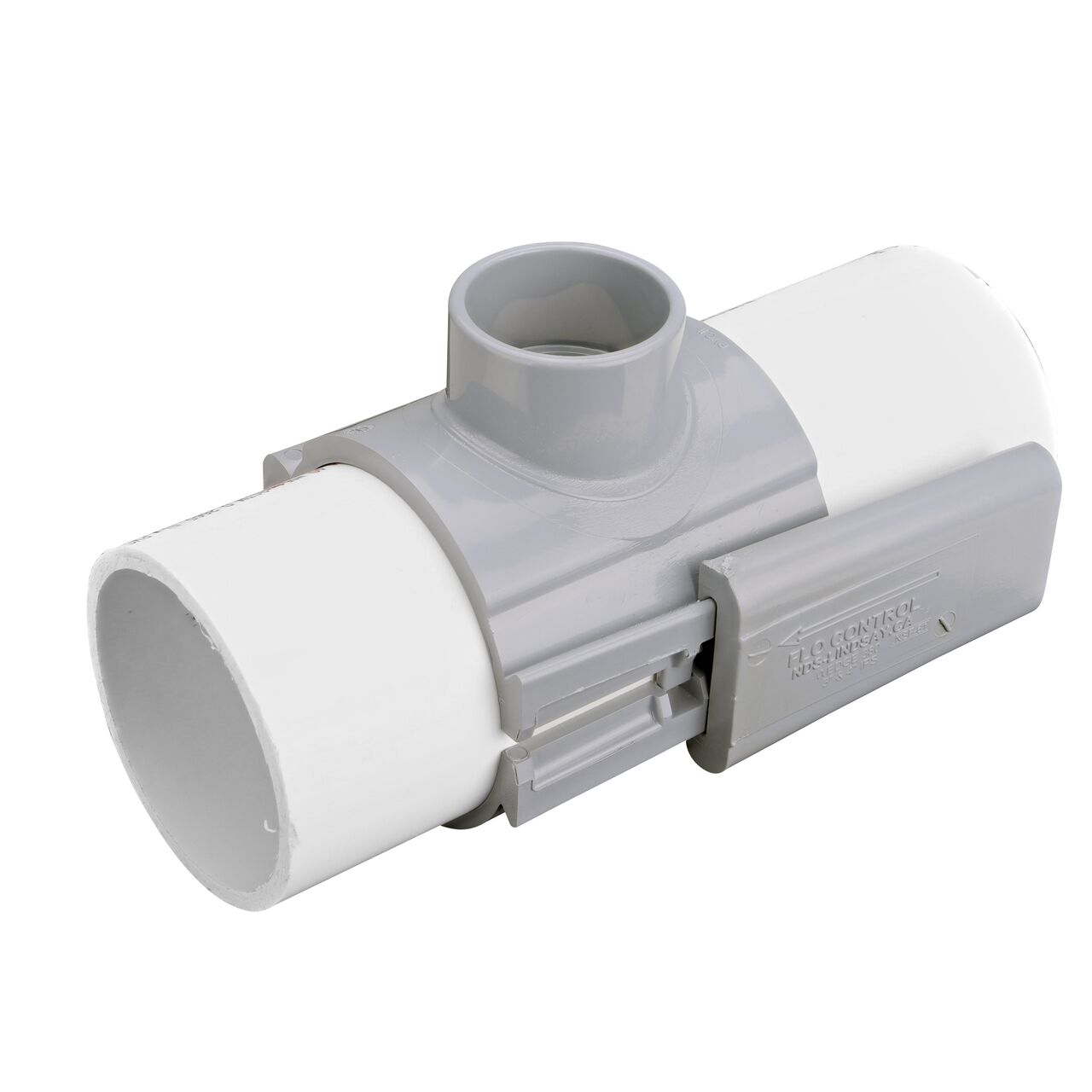 The NDS Clamp-It™ Rigid PVC Saddle with 2 in. slip connection on top (NDS 454020) installed onto 4 in. PVC pipe with the wedge closure half-way secure