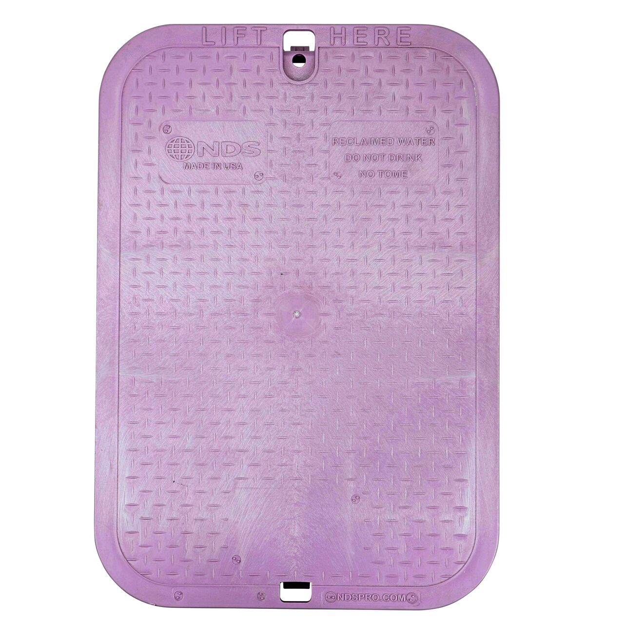 Top down view of the top side of the Purple Reclaimed Water cover (NDS 317CR) for the NDS 13 in. X 20 in. Rectangular Pro-Spec® Series