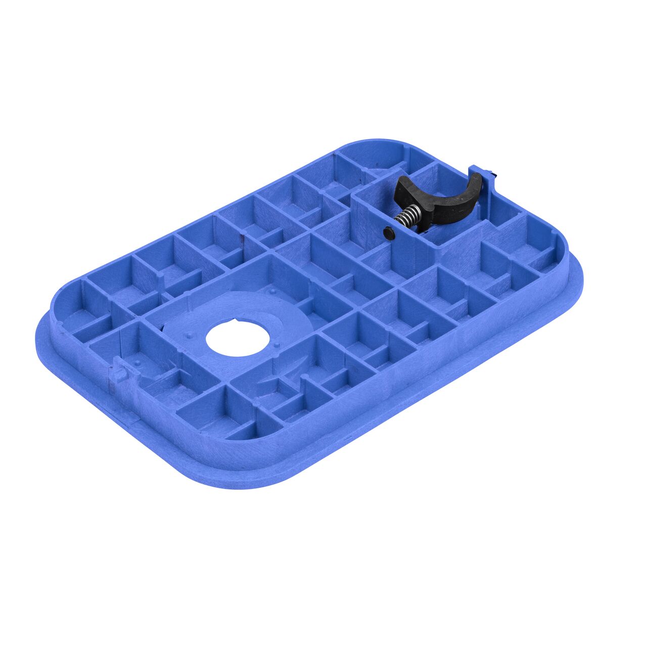 Bottom view of the reinforced ribs on the NDS 14 in. X 19 in. Black Water Meter Drop-In Rectangular AMR Meter cover (NDS D12AMR-OLLOCTRBLUL) that fits the NDS 14 in. X 19 in. AMR Meter Box