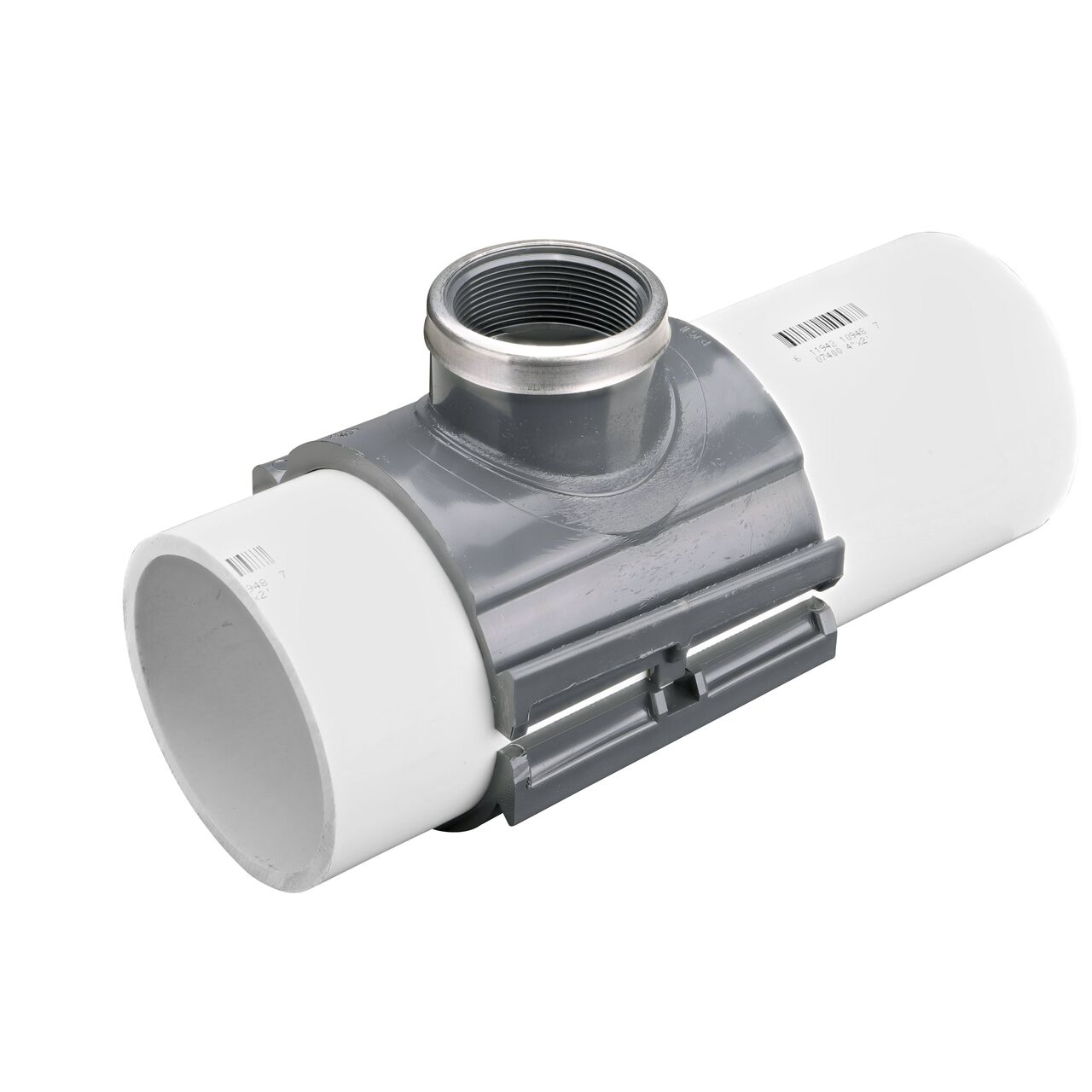 The NDS Clamp-It™ Rigid PVC Saddle with 2 in. FPT connection on top (NDS 444020) clamps onto 4 in. PVC pipe