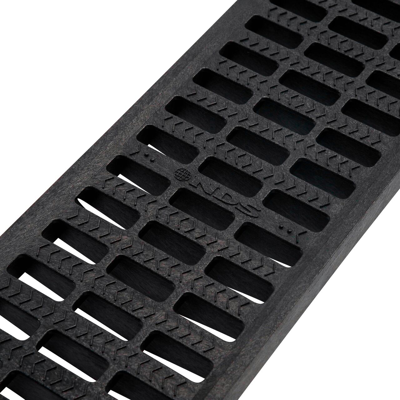 Closeup of grate openings on NDS 5 in. Pro Series Channel Drain Grate in Black Plastic (NDS 816)