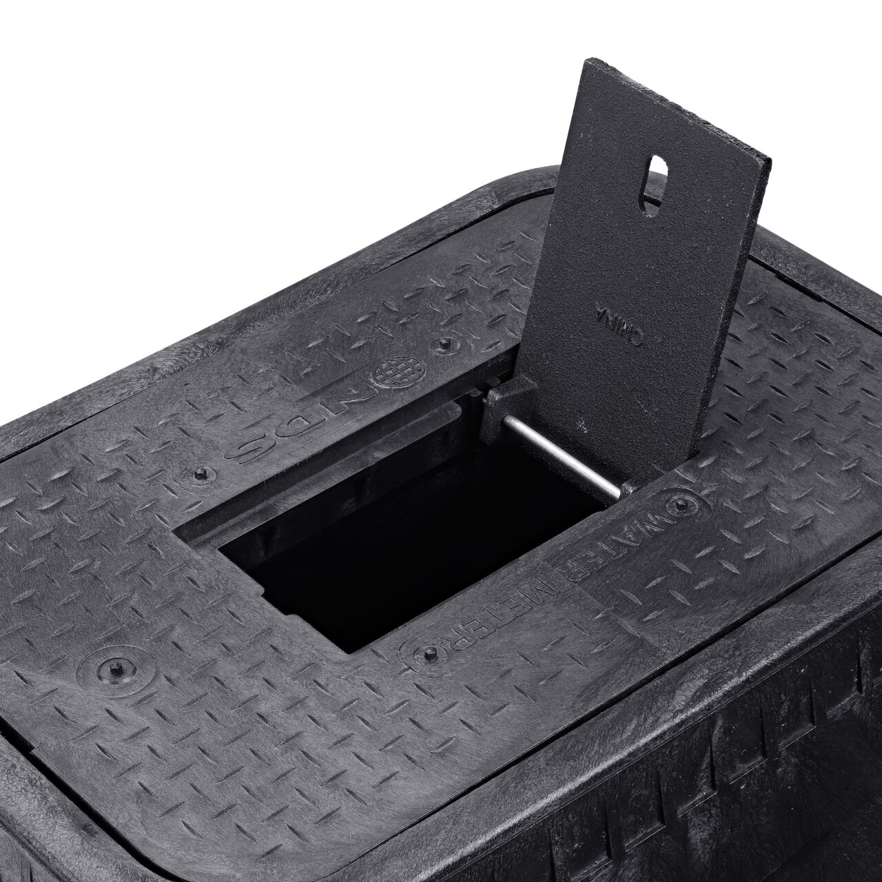 Closeup view of the Cast iron reader door opened on the NDS 14 in. X 19 in. Rectangular Standard Series Meter Box & Water Meter Cover (NDS D1800-DICIR) to show how reader provides easy access to meter readers