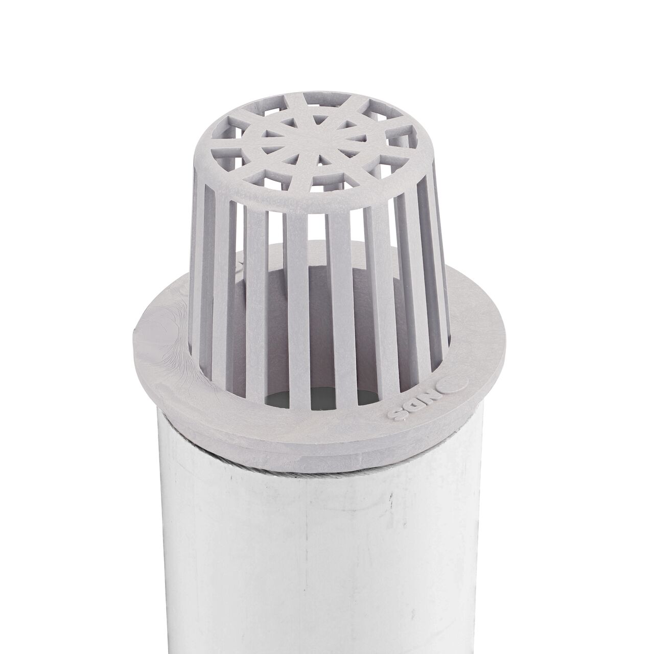 NDS Gray Plastic 3 in. Atrum Grate (NDS 72) installed on 3 in. S&D pipe