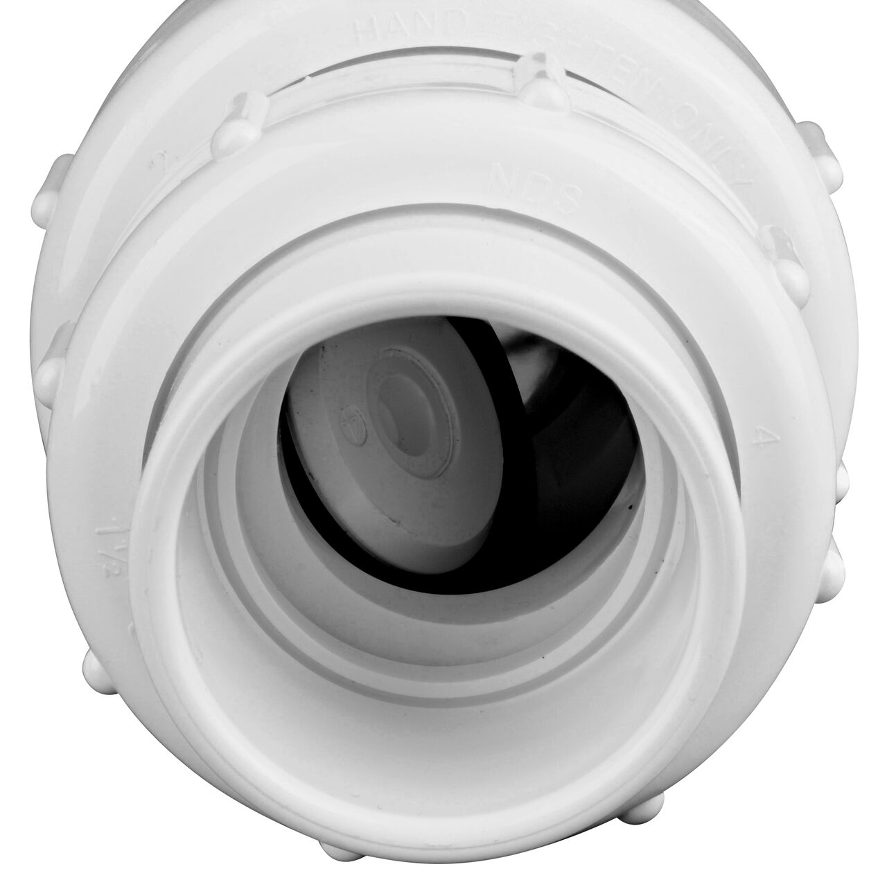 Flapper allows water through when water pressure moves it on the NDS White 1-1/2 in. IPS U X S Checkmate PVC Swing Check and Ball Valve Combination (NDS 2200-15)