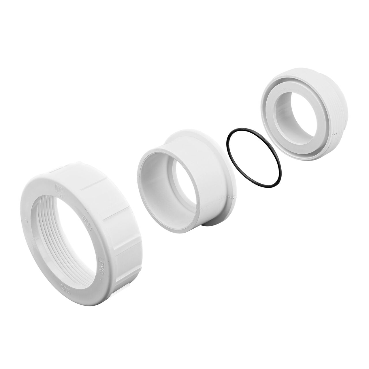 NDS PVC Union, 4 in. Sch. 40 S X S shown here unassembled includes the EPDM O-ring that is placed in the center of the union to create a leak-resistant seal (NDS WU-4000-S)