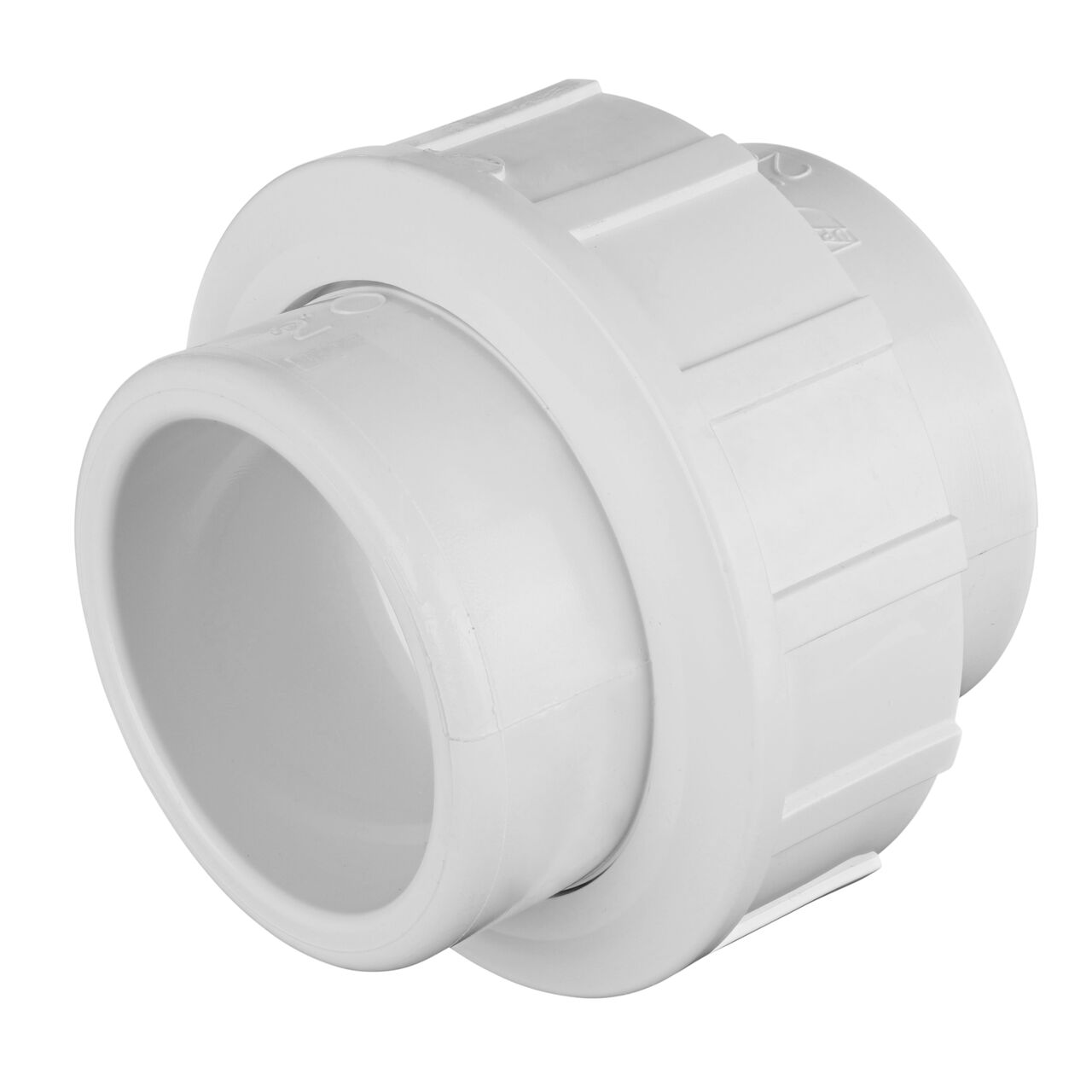 One end of the PVC Union, 2 in. Sch. 40 S X S which connects two 2 in. Sch. 40 pipes together to allow water to flow through while preventing leaks (NDS WU-2000-S)