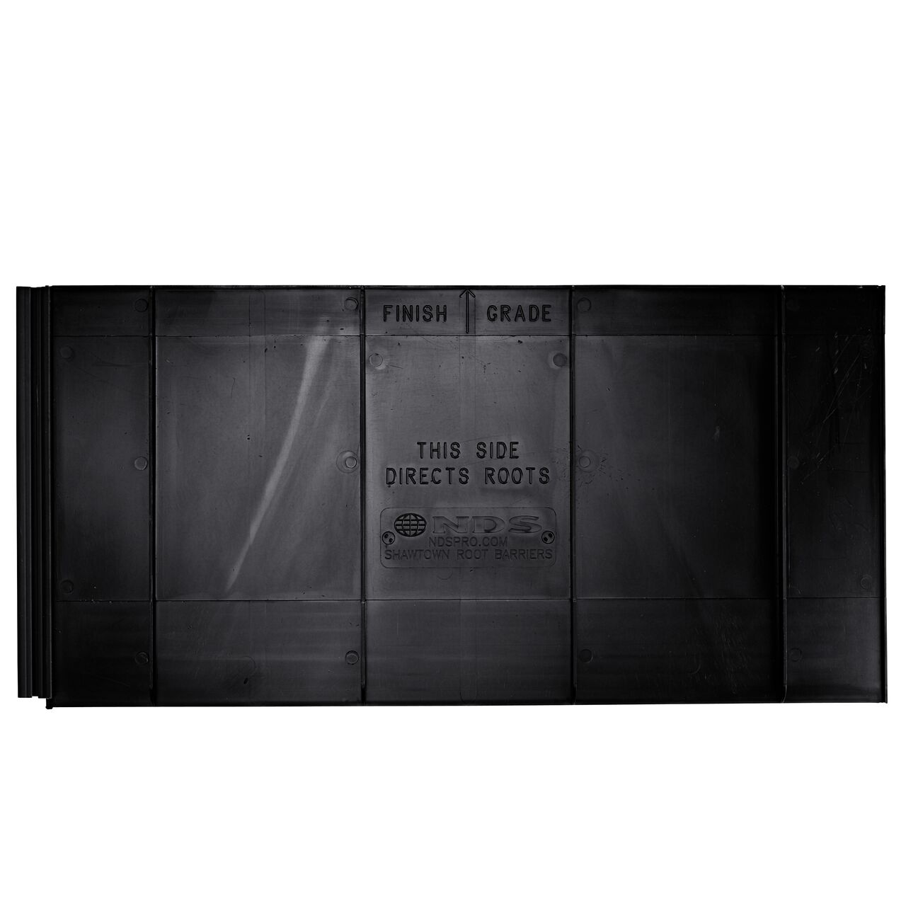 Straight on view of the 12 in. deep NDS Root Barrier Panel (NDS EP-1250) shows protruding ribs spaced 6 inches a part