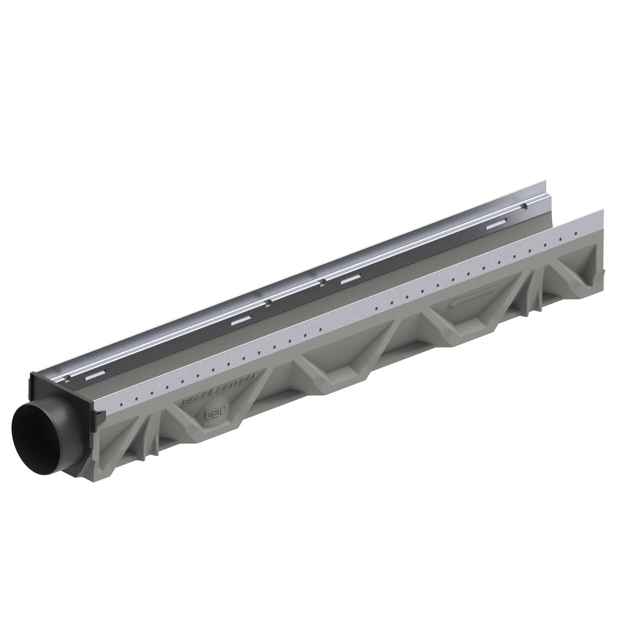 The BG-FILCOTEN® by NDS® 100 Galvanized Steel Trench Drain End Cap/Outlet installed on the outlet end of the BG-FILCOTEN® by NDS® 100 tec V or tec E channel trench drain