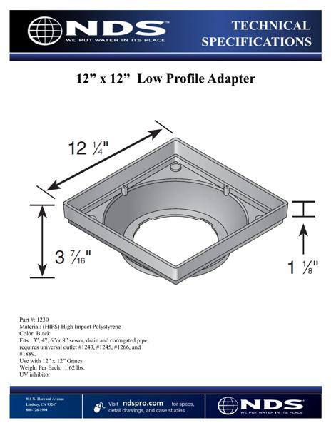 NDS 12 in. Square Low-Profile Adapter for 3 in. to 8 in. Drain Pipes with Outlet Adapter Tech Spec