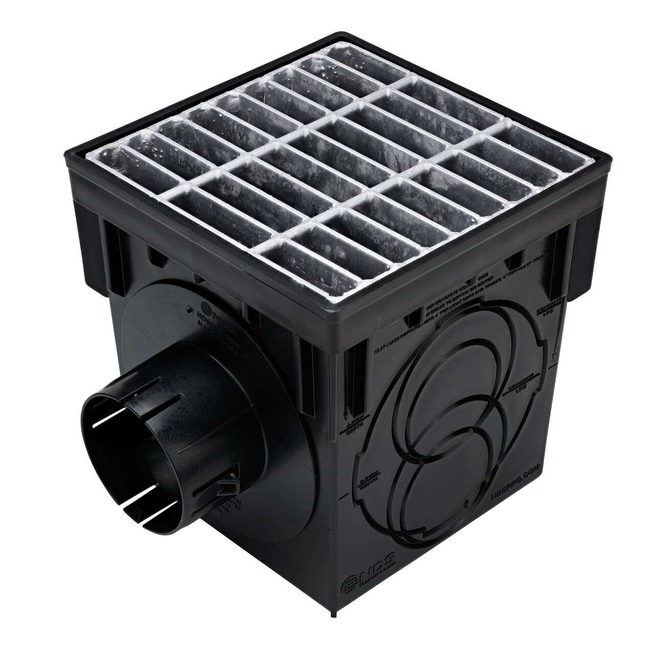 Black plastic 9 in. Catch Basin Drain Kit with galvanized steel grate (NDS 900MTLKIT) drains water as it blocks pipe-clogging debris